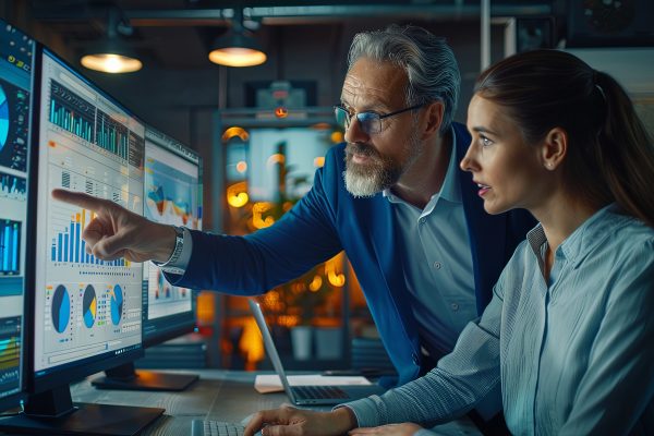 Two white coworkers man and woman data analysts working together in office looking at data chart graph analysis pointing finger at computer monitor.